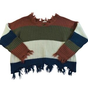 eesome Striped Distressed‎ Knit Sweater Womens M L Cropped Fringe Boho